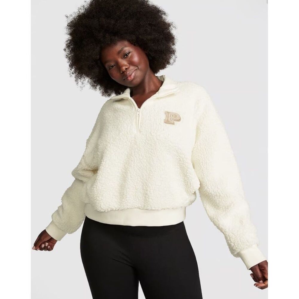 Victoria's Secret PINK Teddy Fleece‎ Quarter Zip Pullover Cream Sherpa Large NEW